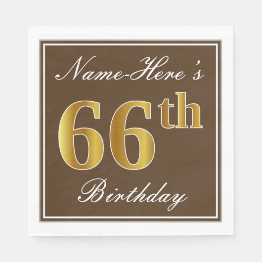 Serviette En Papier Elégant Brown, Faux Gold 66ème anniversaire + Nom (Devant)