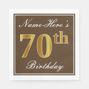 Serviette En Papier Elégant Brown, Faux Gold 70e Anniversaire + Nom