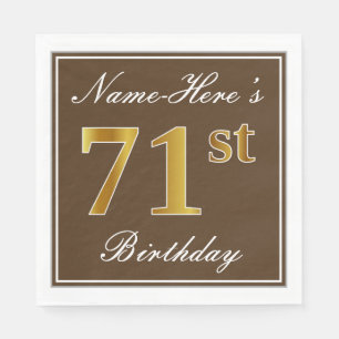 Serviette En Papier Elégant Brown, Faux Gold 71ème Anniversaire + Nom