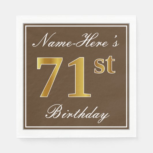 Serviette En Papier Elégant Brown, Faux Gold 71ème Anniversaire + Nom (Devant)