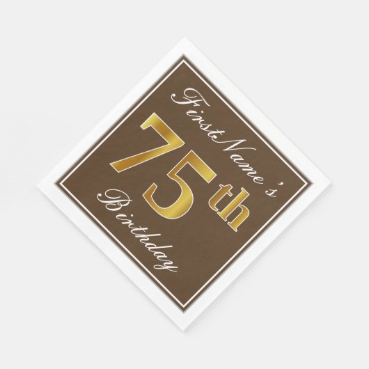 Serviette En Papier Elégant Brown, Faux Gold 75ème anniversaire + Nom (Coin)