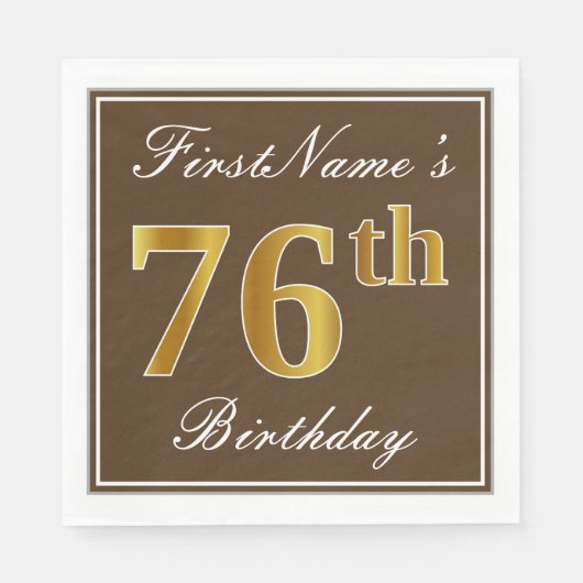 Serviette En Papier Elégant Brown, Faux Gold 76ème anniversaire + Nom (Devant)