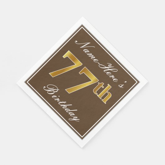 Serviette En Papier Elégant Brown, Faux Gold 77ème anniversaire + Nom (Coin)