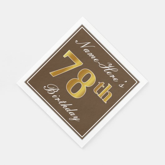 Serviette En Papier Elégant Brown, Faux Gold 78ème anniversaire + Nom (Coin)