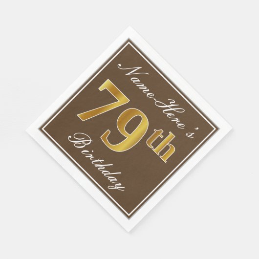 Serviette En Papier Elégant Brown, Faux Gold 79ème anniversaire + Nom (Coin)