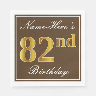 Serviette En Papier Elégant Brown, Faux Gold 82ème anniversaire + Nom