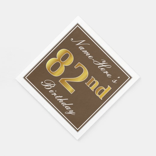 Serviette En Papier Elégant Brown, Faux Gold 82ème anniversaire + Nom (Coin)
