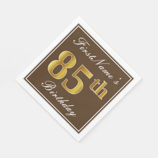 Serviette En Papier Elégant Brown, Faux Gold 85ème anniversaire + Nom (Coin)
