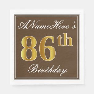 Serviette En Papier Elégant Brown, Faux Gold 86ème anniversaire + Nom