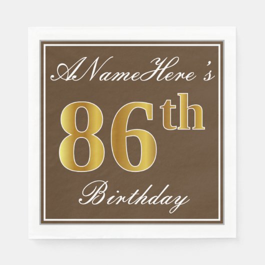 Serviette En Papier Elégant Brown, Faux Gold 86ème anniversaire + Nom (Devant)