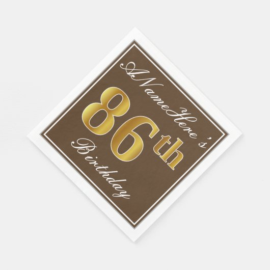 Serviette En Papier Elégant Brown, Faux Gold 86ème anniversaire + Nom (Coin)