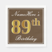 Serviette En Papier Elégant Brown, Faux Gold 89ème anniversaire + Nom (Devant)