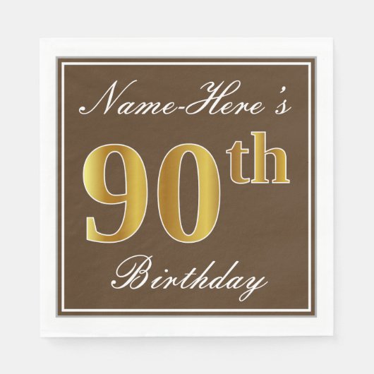 Serviette En Papier Elégant Brown, Faux Gold 90e anniversaire + Nom (Devant)