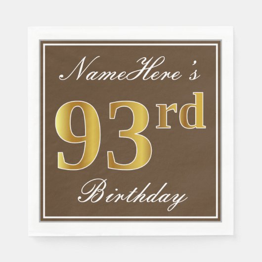 Serviette En Papier Elégant Brown, Faux Gold 93ème anniversaire + Nom (Devant)
