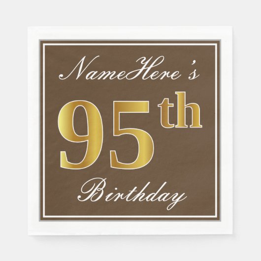 Serviette En Papier Elégant Brown, Faux Gold 95ème anniversaire + Nom (Devant)
