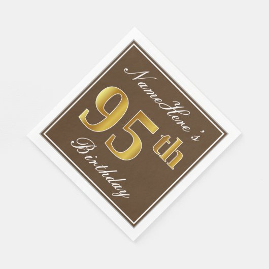 Serviette En Papier Elégant Brown, Faux Gold 95ème anniversaire + Nom (Coin)