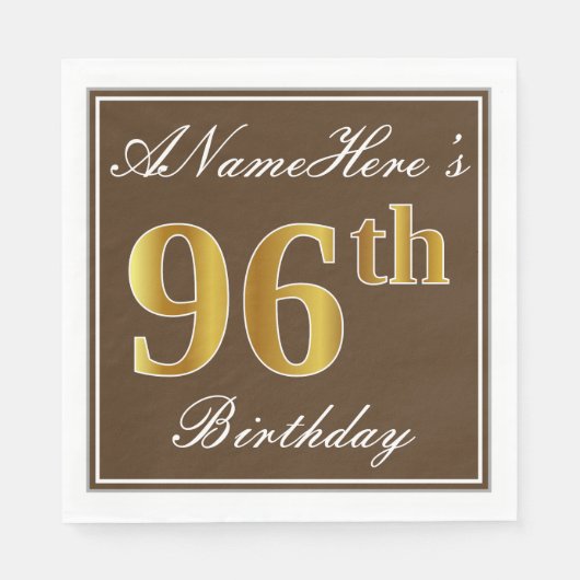 Serviette En Papier Elégant Brown, Faux Gold 96ème anniversaire + Nom (Devant)
