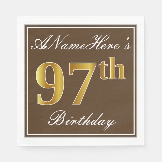 Serviette En Papier Elégant Brown, Faux Gold 97ème anniversaire + Nom (Devant)