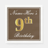 Serviette En Papier Elégant Brown, Faux Gold 9e anniversaire; Nom pers (Devant)