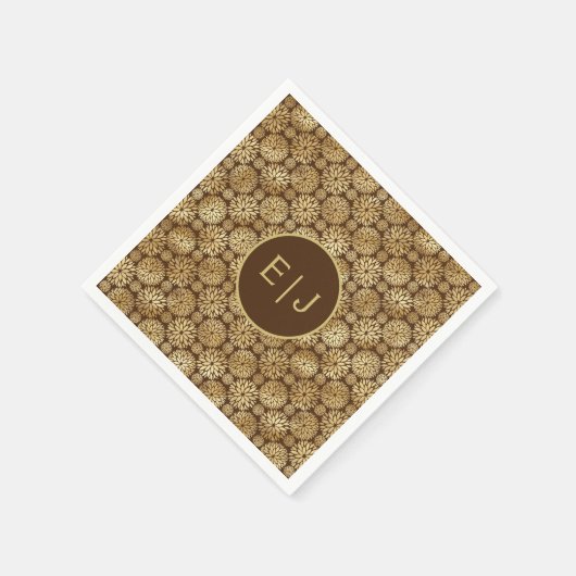 Serviette En Papier Élégant Brown & Or Dahlias Motif Monogramme (Coin)
