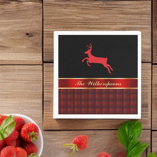 Serviette En Papier Élégant Buffalo plaqué avec rennes et ruban rouge