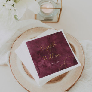 Serviette En Papier Elegant Burgundy and Gold Watercolor Wedding