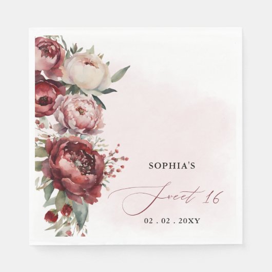 Serviette En Papier Élégant Burgundy Moderne Blush Floral Sweet 16 (Devant)