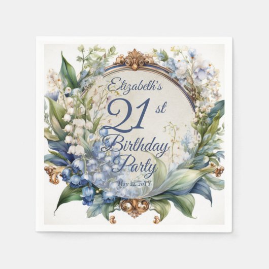 Serviette En Papier Elégant cadre floral baroque 21ème anniversaire (Devant)