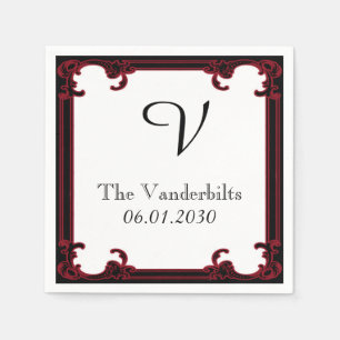 Serviette En Papier Élégant cadre rouge gothique Mariage Monogramme