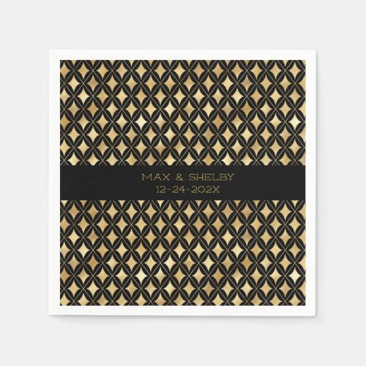 Serviette En Papier Élégant Carnaval Noir & Or Harlequin Personnalisé (Devant)
