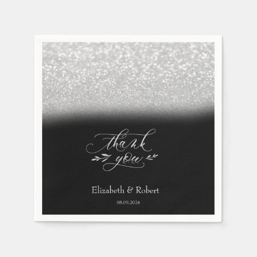 Serviette En Papier Elégant Carte de remerciements noir Bokeh Argent (Devant)