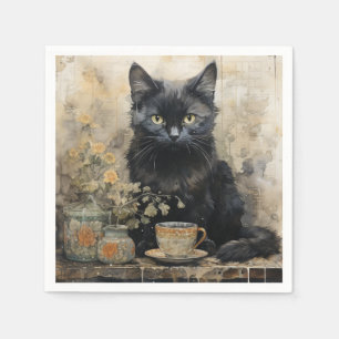 Serviette En Papier Élégant chat noir