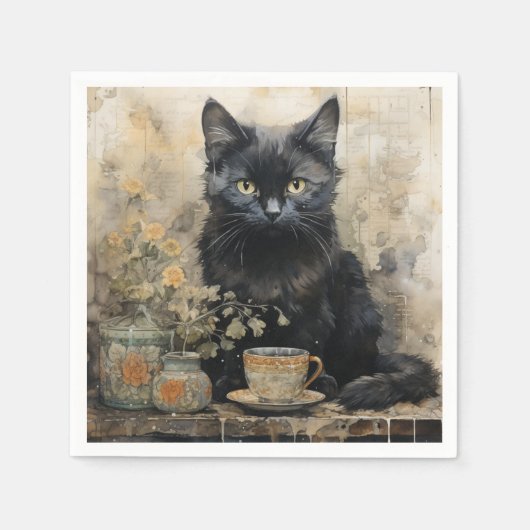 Serviette En Papier Élégant chat noir (Devant)