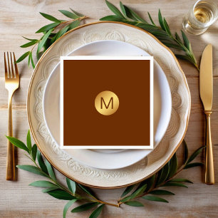 Serviette En Papier Élégant Chic Brown & Or Monogramme Nom initial