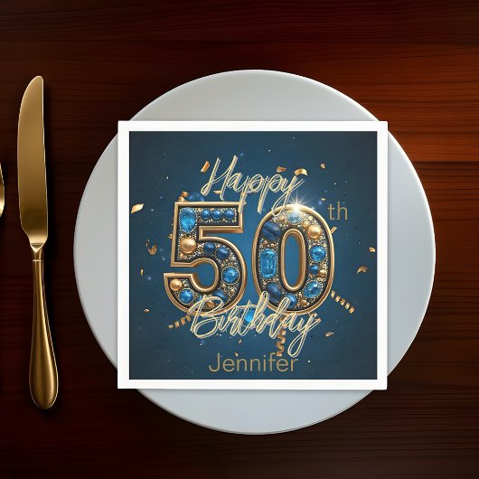 Serviette En Papier Elégant Chic Gold et Blue Gemstone 50e anniversair