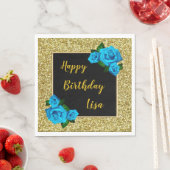 Serviette En Papier Elégant Chic Gold Parties scintillant Bleu Roses A (En situation)