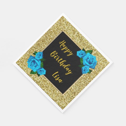 Serviette En Papier Elégant Chic Gold Parties scintillant Bleu Roses A (Coin)