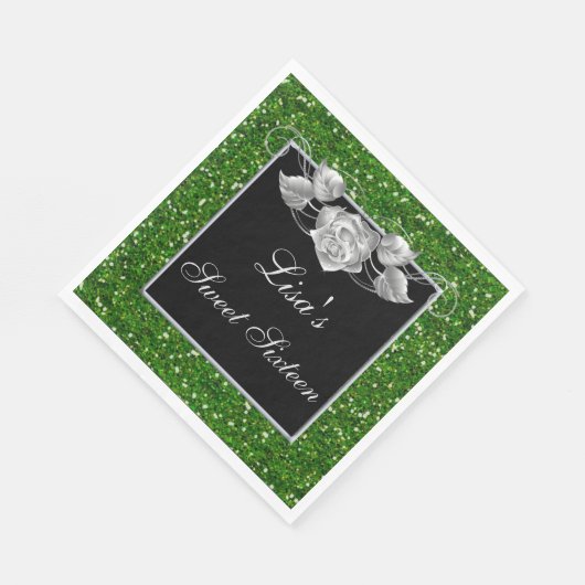 Serviette En Papier Élégant Chic Green Parties scintillant Rose argent (Coin)