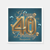 Serviette En Papier Elégant Chic Luxueux Bleu et Or 40e anniversaire (Devant)