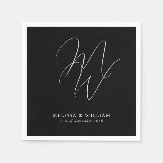 Serviette En Papier Élégant chic Monogramme moderne Mariage noir (Devant)