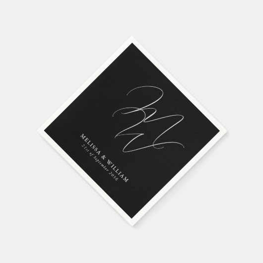 Serviette En Papier Élégant chic Monogramme moderne Mariage noir (Coin)