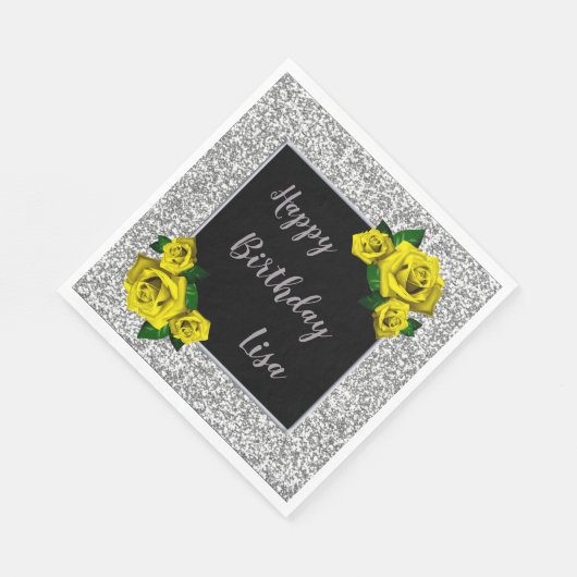 Serviette En Papier Elégant Chic Parties scintillant Argent Roses Jaun (Coin)