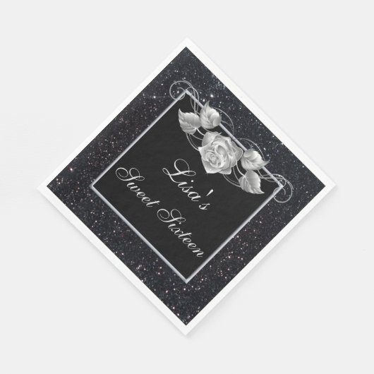 Serviette En Papier Elégant Chic Parties scintillant noire Rose argent (Coin)