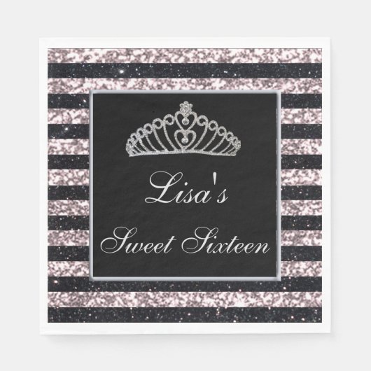 Serviette En Papier Élégant Chic Parties scintillant rose noire Tiara  (Devant)