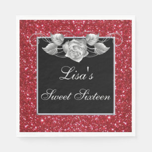 Serviette En Papier Élégant Chic Parties scintillant rouge Rose argent