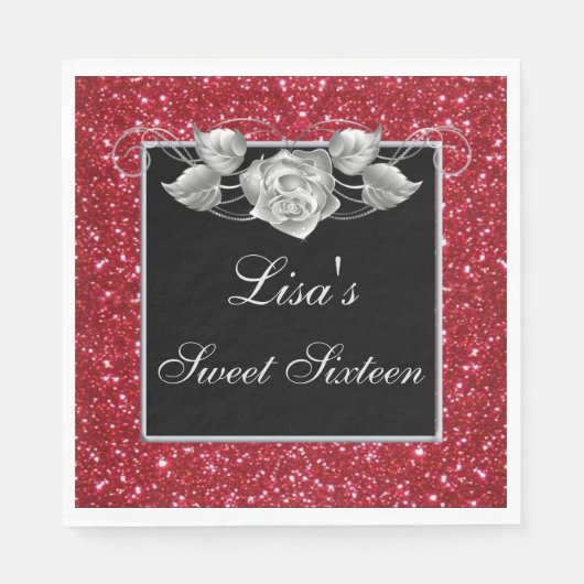 Serviette En Papier Élégant Chic Parties scintillant rouge Rose argent (Devant)