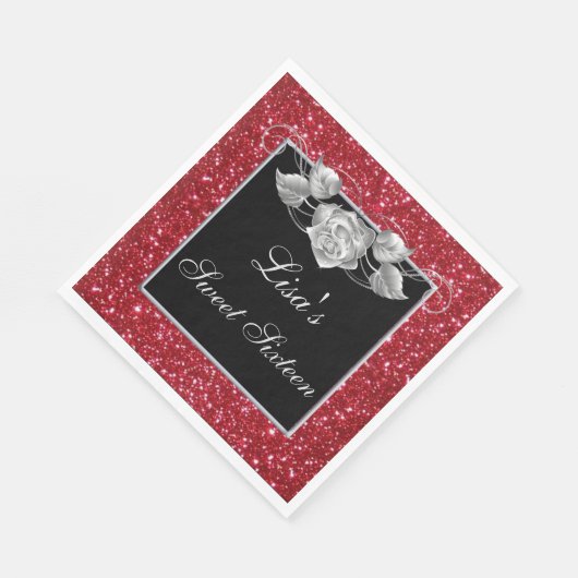Serviette En Papier Élégant Chic Parties scintillant rouge Rose argent (Coin)