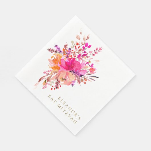 Serviette En Papier Élégant Chic Rose Floral Bat mitzvah Personnalisé (Coin)