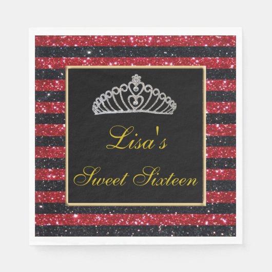 Serviette En Papier Élégant Chic Rouge Noir Parties scintillant Tiara  (Devant)