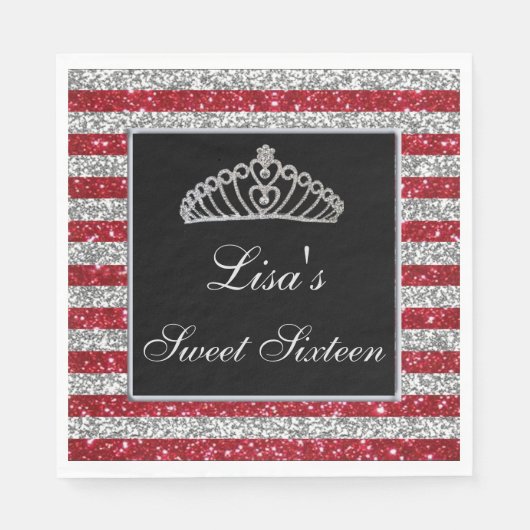 Serviette En Papier Elégant Chic Rouge Parties scintillant Argent Tiar (Devant)